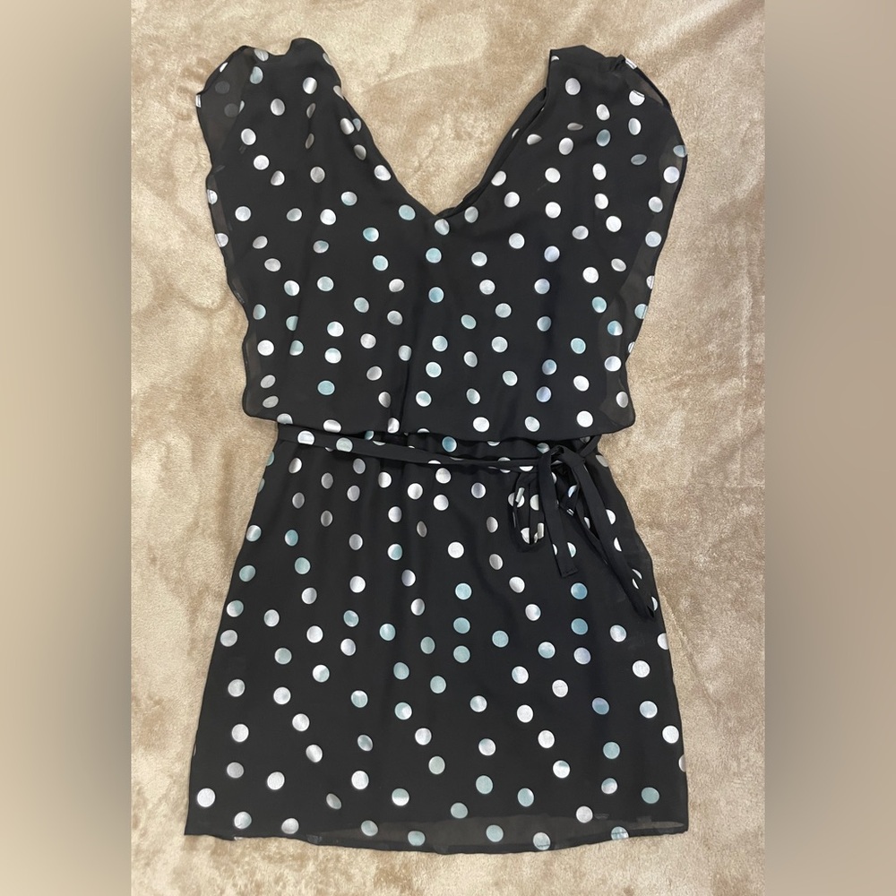 Lucy Love Polka Dot Chiffon Dress Womens Small Black Silver V-Neck Mini‎ Dress